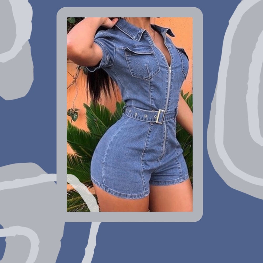 Denim Zipper Front Belted Fitted Romper NWT - Picture 2 of 8